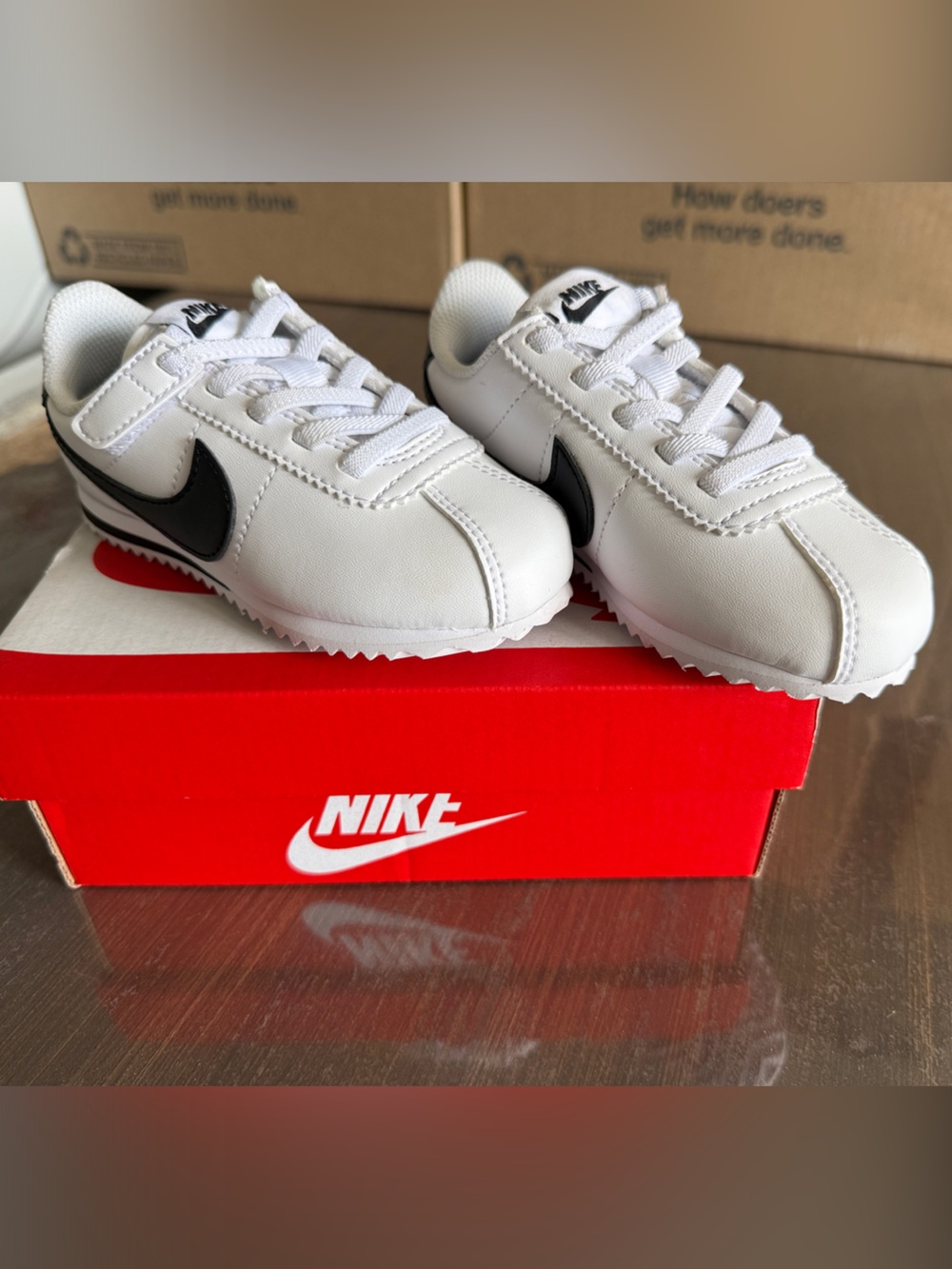 Cortez Nike Kids White Sneakers with Black Swoosh